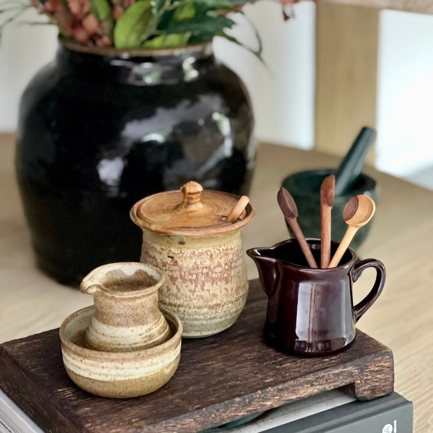 Vintage Stoneware Sugar Bowl with Spoon II