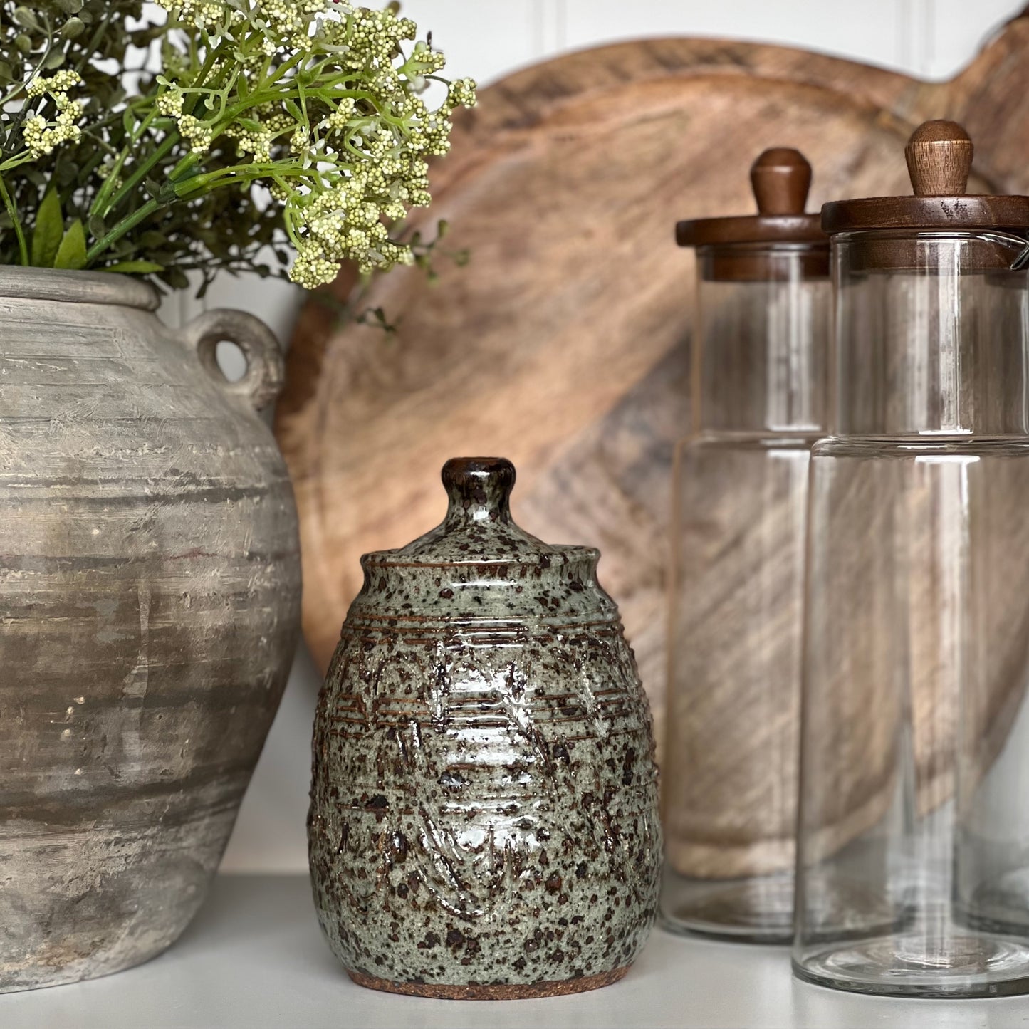 Sea Green Etched Speckle Jar with Lid