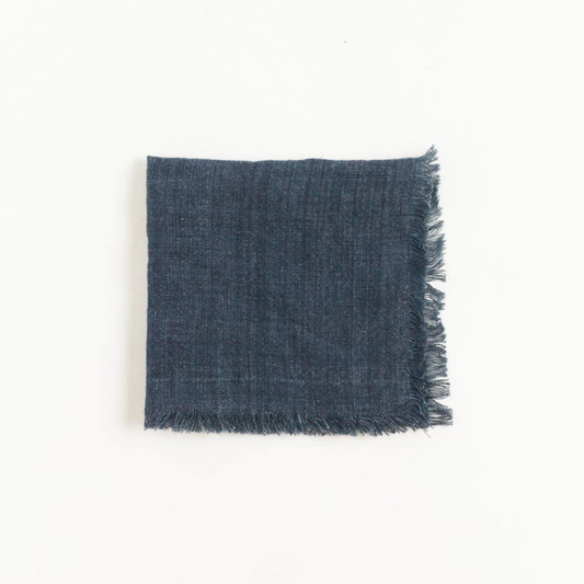 Fringed Linen Cocktail Napkins - Navy