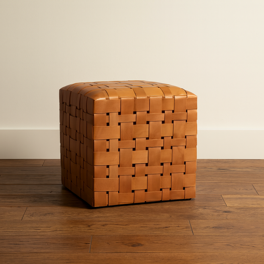 Woven leather ottoman on hardwood floors