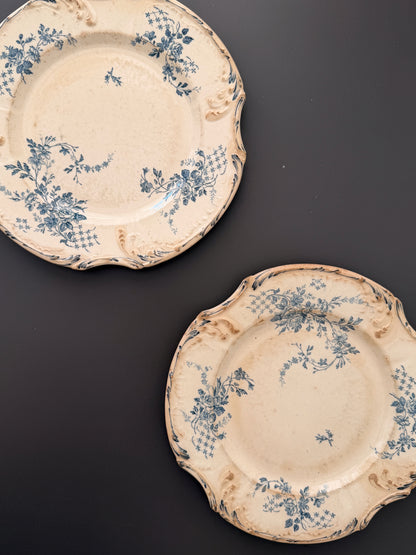 Pair of Antique French Gien Terre de Fer Floral Plates