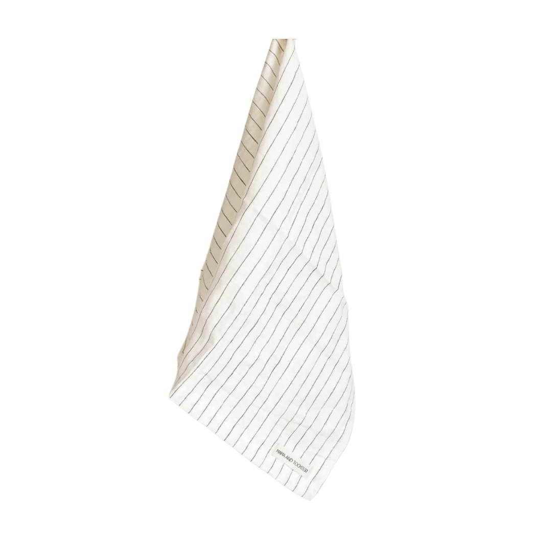 Pure French Linen Tea Towel - Olive Stripe