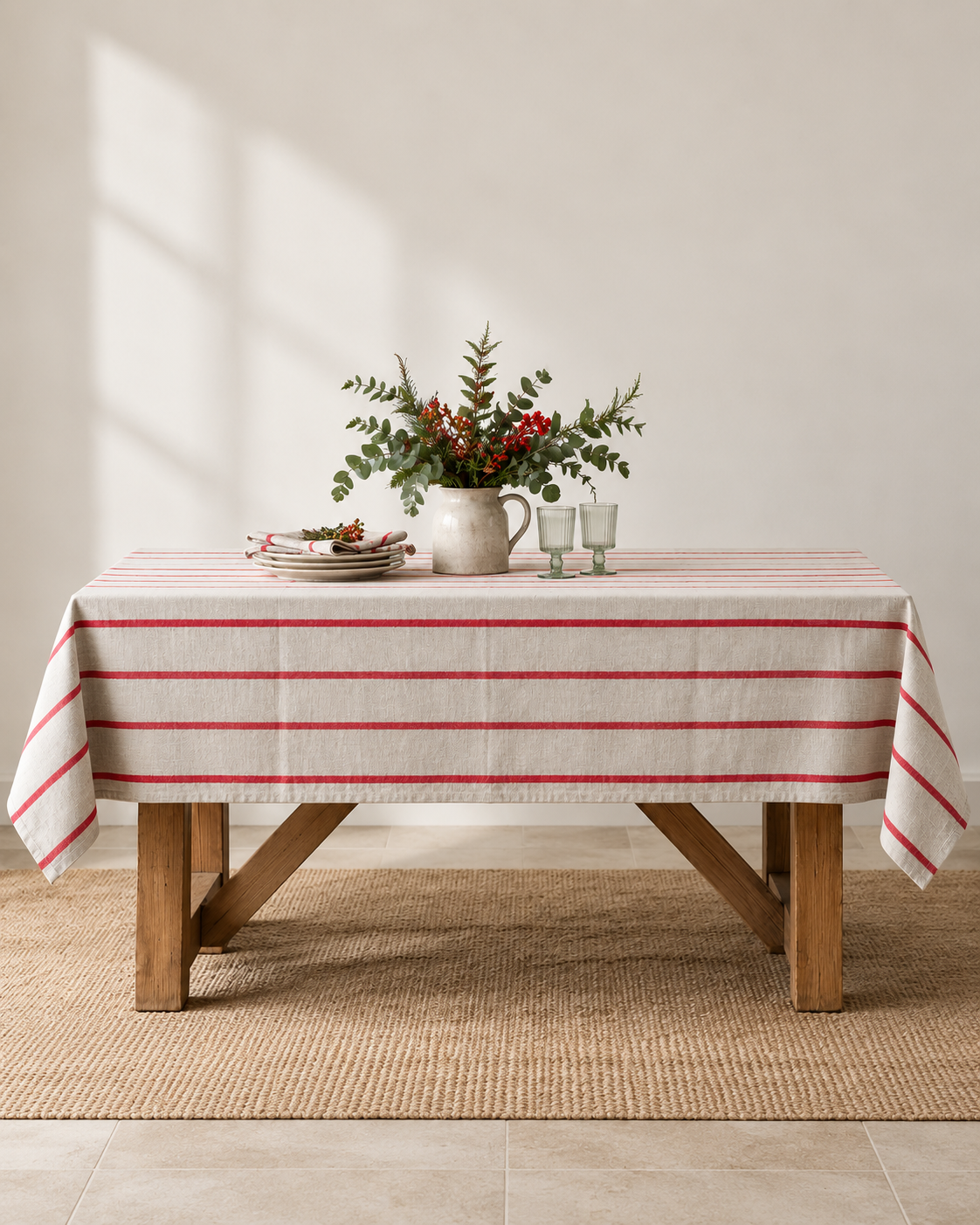 Red Stripe Linen Tablecloth